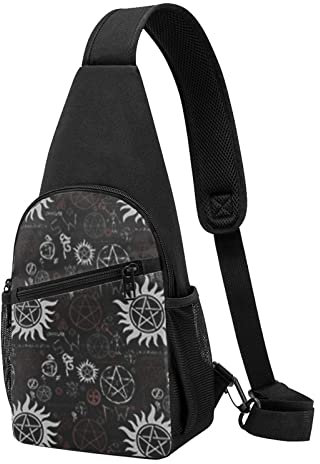 Kleine Sling-Rucksäcke mit Supernatural-Symbolen, schwarz, bedruckt, Umhängetasche, Brusttasche für Herren, Supernatural Symbole schwarz, Einheitsgröße, Wanderrucksack