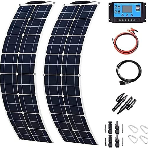Kit de Panel Solar Flexible Monocristalino 200W Portátil, Placa Solar Kit Completo, Imermeable, para RV, Barco, Cabina, Tienda, Coche, Remolque, Cualquier Otra Superficie Irregular
