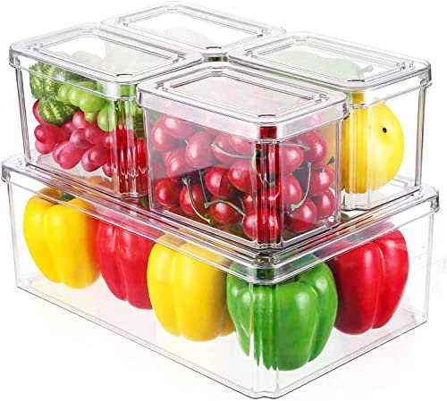 Ellennice Food Storage Containers Set of 5,Fridge Plastic Storage Box with Lid,Stackable Refrigerator Organizer Bins,Vegetable Fruit Storage Containers,Multi-Purpose Organization for Kitchen, Pantry