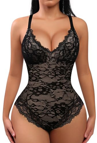 FeelinGirl Damen Shapewear Bauchweg Spitze Shaping Unterwäsche V-Ausschnitt Bodysuit Mieder Überbrusts Bauch Weg Body Shaper Dessous Belly Slim Elegant Schritt mit Haken Schwarz L