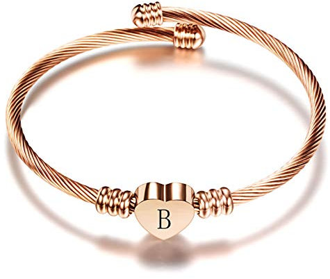 LSxAB Women Initial B Letter Cuff Bracelet Rose Gold Heart Personalised Bangle Wristband Bracelets Expandable
