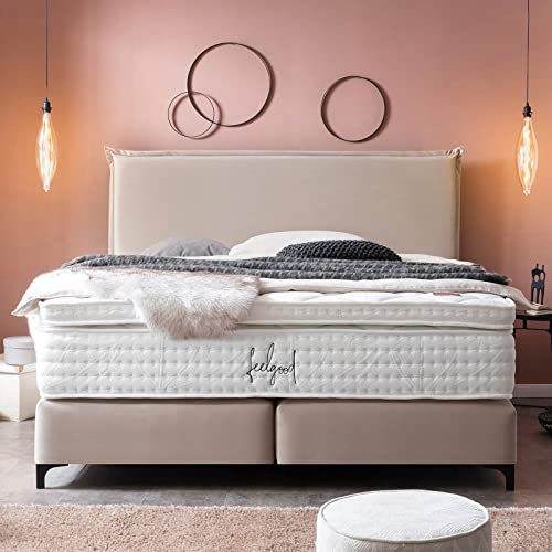 Premium Boxspringbett 180x200 London Velours, mit Visco-Topper, Doppelbett, Hotelbett, ohne Bettkasten, 7 Zonen Taschenfederkern-Matratzen, Aufbau KOSTENLOS (Creme, 180x200 cm mit Topper)
