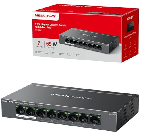MERCUSYS - Switch per computer Gigabit a 8 porte con PoE + a 7 porte, PoE da 65 W, supporto 802.3af/at PD, gestione dell'alimentazione, custodia in metallo, Plug & Play, nessuna configurazione