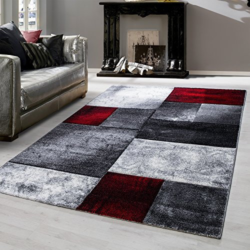 Teppium Moderner Kurzflor Teppich Wohnzimmer 250x350 (240 x 340 cm) Rot - Konturenschnitt Teppich Waschbar, Kariertes, Pflegeleicht, Weich - Ideal für Schlafzimmer, Esszimer und als Küchenteppich