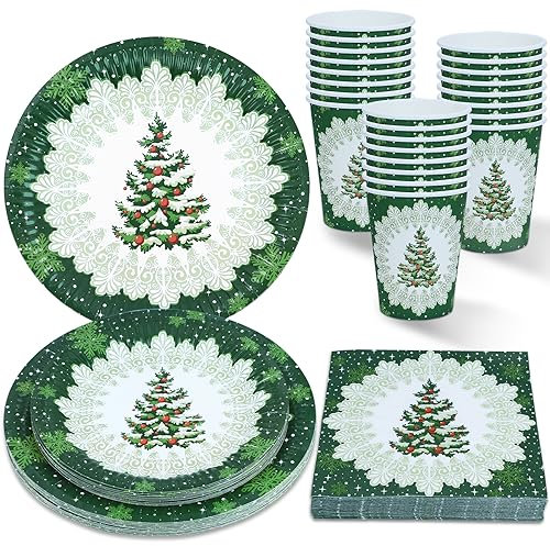 ZVK Vajilla de fiesta, Juego de Platos, Servilletas, Vasos Árbol de Navidad vintage 96 piezas Juegos de vajilla para fiestas de papel Juegos de cubiertos desechables para Navidad, Año Nuevo