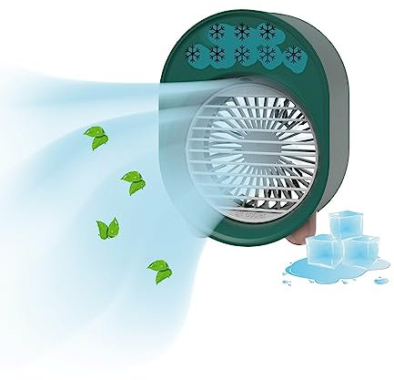 Aire acondicionado móvil, mini ventilador portátil 4 en 1, humidificador, ventilador enfriador de aire para oficina, tienda de campaña, dormitorio, luz LED recargable por USB (Grenn)