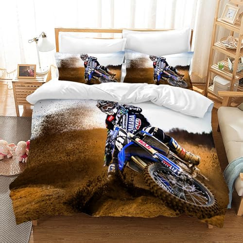 HZVRTN Motorrad Bettwäsche-Set Teens Cool Motorrad Fahrer Betten Set für Kinder Jungen Motocross Thema Bettbezug Set, Microfaser 3 Teilig mit Kissenbezug (135X200cm, Motorrad E)