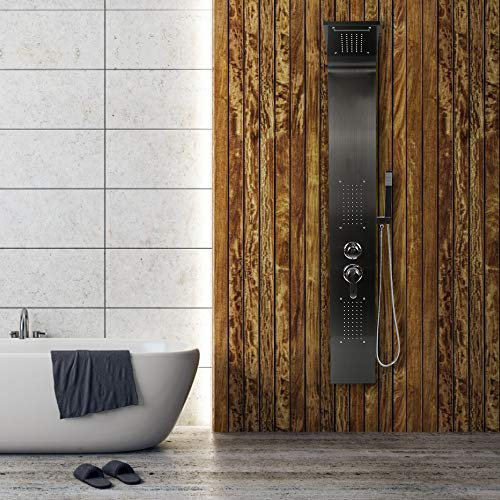 Colonne de Douche en Acier Inoxydable avec Jet de Massage, Buses de Massages et Douche Manuelle, pour Salle de Bain/Hôtel,version actualisée (20 * 7 * 140cm,Noir)