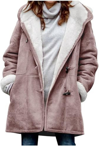 Giacca da donna foderata in sherpa, alla moda, invernale, in pile, felpa con cappuccio casual morbida e accogliente con bottoni, #G14-rosa, Small