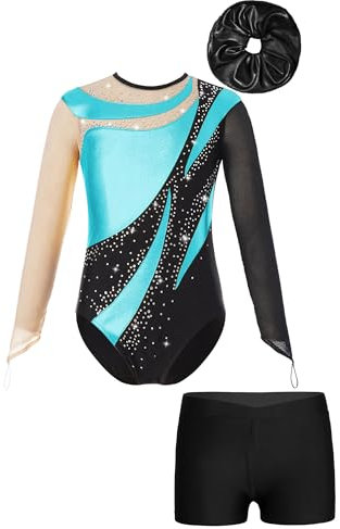 iiniim Kinder Mädchen Turnanzug Gymnastikanzug mit Shorts Haarband Glänzend Gymnastik Leotard Trikotanzug Wettbewerb Tanzkostüm Türkis&Schwarz 146-152