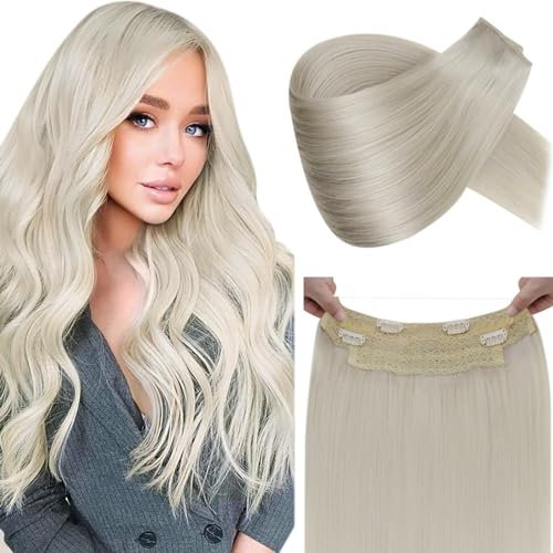 LaaVoo Secret Wire Extensions Echthaar mit Draht Platinblond Invisible Secret Wire Extensions Echthaar Blond Fish Line Extensions Echthaar mit Unsichtbarem Draht Glatt 80g #60 40cm