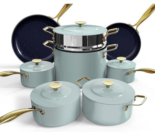 Nuwave Lux LE 13-Pc Cookware Set with Elegant Gold Handle, Diamond Infused Ceramic Non-Stick, PFAS Free, Premium Metal Lids, Ergonomic Stay-Cool Handles, Induction Ready & Compatible w/All Cooktops