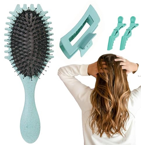 Bounce Curl Brush,Hair Curler Boar Bristle Locken Bürste für Frauen,Bounce Curl Define Styling Brush,Haarklammer Damen Curly Hair Brush (Grün)