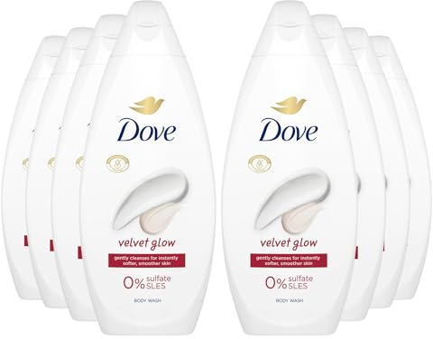 Dove Body Wash 0% Sulfate SLES for Women Made with Naturally Derived Cleansers and Plant Based Moisturiseres Gently Cleanses for Softer and Smoother Skin, 225ml (8 Pack, Velvet Glow)