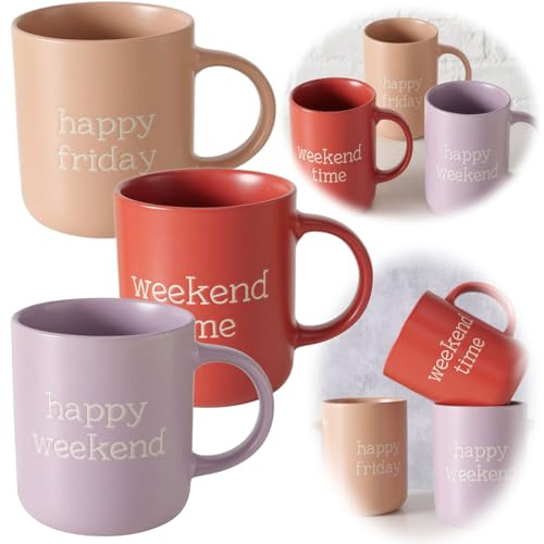 LS-LebenStil 3´er Set Jumbo Kaffeebecher 420ml Spruch Happy Weekend Set Jumbo-Becher Gute Laune Kaffeetasse Henkelbecher Kaffee-Pott Riesen-Becher für Kaffee Milchkaffee Cappuccino Geschenk Geburtstag