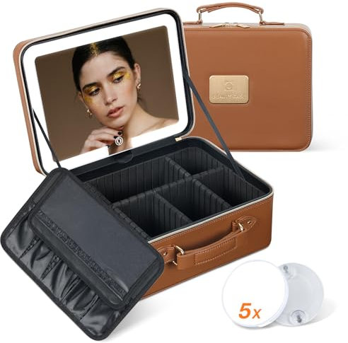 Kalolary Travel Makeup Cases, Makeup Bag Cosmetic Case with 3 Color LED Mirror Makeup Organizer Bag Portable Makeup Storage Box with Detachable 5X Magnifying Mirror & Adjustable Dividers (Brown)