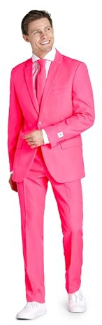 OppoSuits Neonfarbener Anzug für Herren – Neon-Themenparty-Outfit – schmale Passform – inklusive Jacke, Hose und Krawatte – Rosa, Neon Pink Power, 48