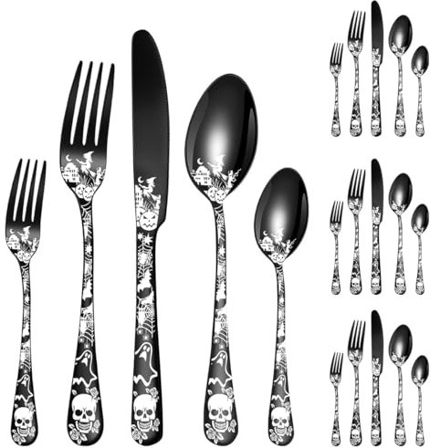 XIAOYU Set di posate scheletro a tema Halloween per 4, set di posate in acciaio inossidabile da 20 pezzi, set di posate decorative con motivo scheletro gotico, stoviglie di Halloween Pasqua e Natale