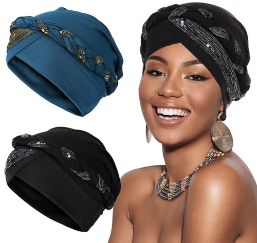XEPST 2 Stück Chemo Turban für Damen, Kopfbedeckung Beanie Mütze Sonnenschutz Kopf Damen Krebs Patienten Haarausfall Schlafhaube für Frauen, Schwarz und Blau