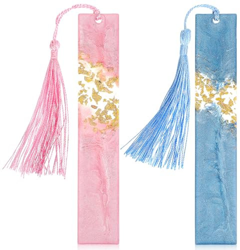Andibro 2 Stück glitzernde Lesezeichen mit Quaste aus Kunstharz, handgefertigtes transparentes Lesezeichen mit Goldfolie für Erwachsene Frauen Mädchen Leseliebhaber Geschenk(Blau Rosa)