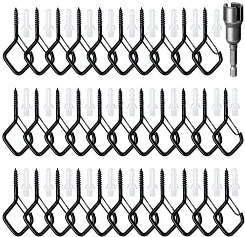 Raxfekro 32 Stück Schraubhaken Edelstahl, Haken zum Schrauben Set mit Sicherung, Schwarz Hakenschrauben Set, Deckenhaken für Hängende Topfpflanzen, Dekorative Lampen, Hängekörbe, Usw