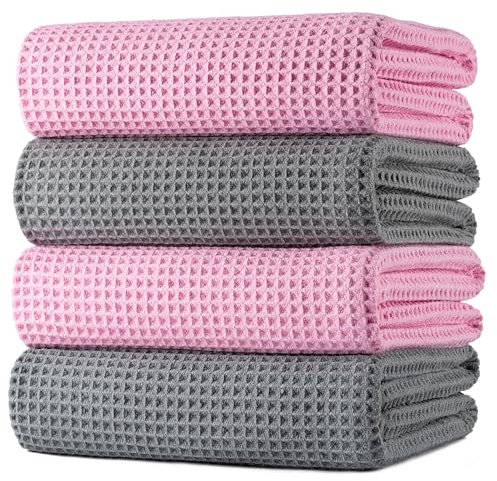 Polyte - Mikrofaser-Badetuch - fusselfrei & schnelltrocknend - Waffelstruktur - sehr groß - Grau,Rosa - 152 x 76 cm - 4 Stück
