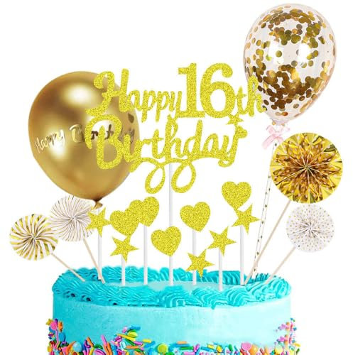 16 Geburtstag Tortendeko, Gold Kuchen Deko Happy Birthday Cake Topper Kuchen Topper Glitzer Kuchendeko für 16. Geburtstag Junge Mädchen