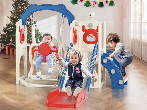 Lischwert Kinderrutsche 6-in-1-Rutsche für Kleinkinder, Rutschenset für drinnen und draußen mit Golfset, Schaukel, Rutsche und Basketballkorb, Teleskop (WPX-9-blau rot)