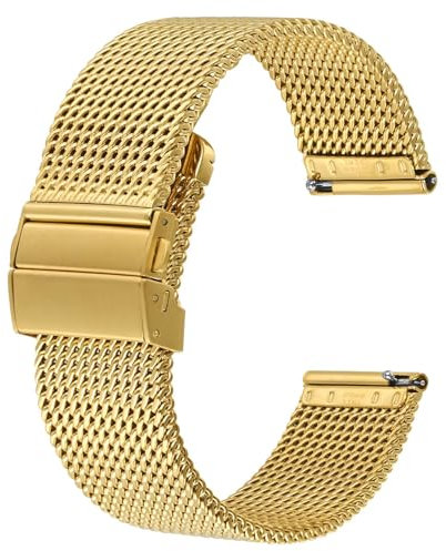 BISONSTRAP Metall Uhrenarmband, Faltschließe, 316L Edelstahl Mesh Armband, Schnellverschluss Ersatzarmband für Damen und Herren, 18mm, Gold