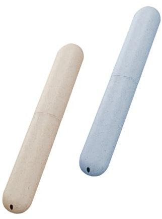 HUATEEN 2 Pack Portable Toothbrush Travel Case & Cover - Eco-Friendly Wheat Straw Holder for Home, Camping, Hygiene Storage (Blue & Beige)