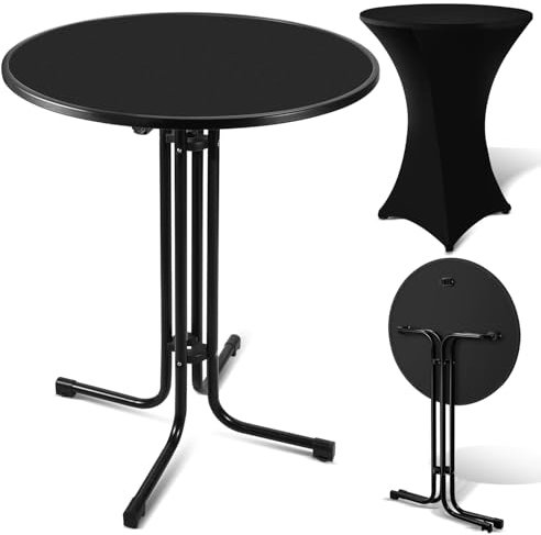 Cecaylie Stehtisch klappbar Ø80cm mit Husse,Klapptisch rund,110cm hoch,Bistrotisch,wetterfester Partytisch,Schwarz,Pulverbeschichtete Edelstahlplatte