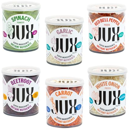 JUX Freeze-Dried Chopped Vegetable Bundle, 6 Pots, Nutritious, UPF Free | Fresh-like flavour, red bell pepper, spinach, carrot, beetroot, garlic, white onion, zero prep, no waste, long shelf life