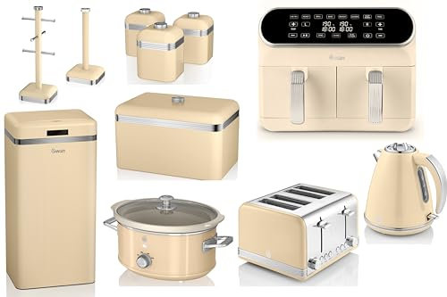 Swan Retro Cream Jug Kettle, 4 Slice Toaster, 8L Dual Basket Air Fryer, 3.5L Slow Cooker, 45L Kitchen Sensor Bin, Bread Bin, Canisters, Mug Tree and Towel Pole. Matching Retro Design Kitchen Set of 11