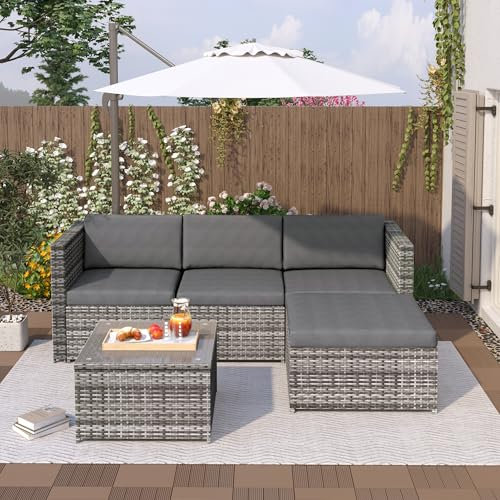 VICONELISE Rattan Gartenmöbel Set, balkonmöbel Lounge für Garten Terrasse Balkon, Terrassenmöbel Ecksofa Set, Couchgarnitur mit Sitz und Rückenkissen, Lounge-Tisch mit Glasplatte(Grau)