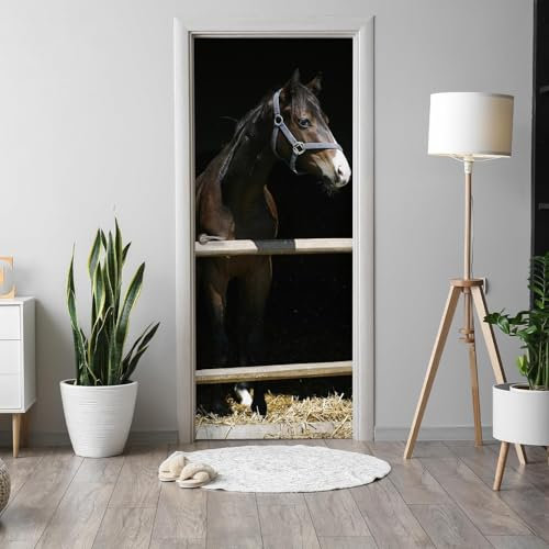 Sticker Porte Autocollant Cheval D'Écurie 3D Papier Peint Cheval D'Écurie Poster Porte Auto-Adhésif Imperméable Décoration Mur Art Décor Mural Stickers Muraux 95x215 cm m4289