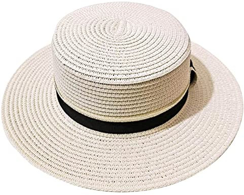 Sombrero de paja grande plano para mujer, sombrero de sol con visera para exteriores, sombrero de sol para niños, blanco, Talla única