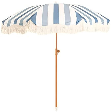 ZIHQRgE 200cm Bohe Tassel Sonnenschirm UPF 50+ Tragbarer Sonnenschirm für den Strand, Holzmast, Kippbarer Gartenschirm für Pool, Terrasse