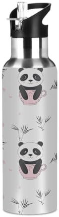 Mexpekil Borraccia termica in acciaio inox con cannuccia a tenuta stagna, 600 ml, con panda, per bambini e adulti