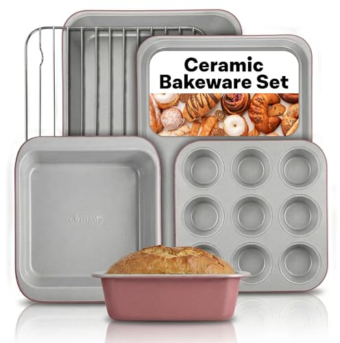 Gotham Steel 6 Pc Stackable Baking Pans Set, 70% Space Saving Design, Ceramic Bakeware Sets Non Toxic Made Without PFOA PFOS, with Baking Sheet Tray, Cake & Muffin Pans, Oven & Dishwasher Safe