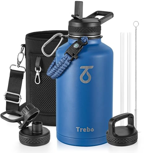 Trebo Borraccia Termica, Borraccia con Cannuccia Borraccia acciaio inox fredda per 48 ore Borraccia Termica Bottiglia in Metallo con Manico in Paracord, 1893 ml, Blu