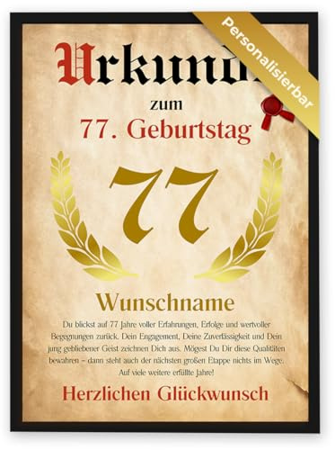 GiveSmiles Urkunde Poster Geburtstagskarte 77 Mann | Personalisierte Geschenke Männer, für alle Altersklassen – Geburtstagsgeschenk für Frauen – Deko 77 Geburtstag Mann