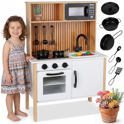 Green Series Cocina Infantil de Madera con luz y Sonido – Cocina Moderne de Juguete con Accesorios, Cocina, Horno, Fregadero, microondas – para niños a Partir de 3 años GS0070