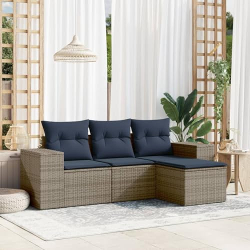 Mokuyary 4-teiliges Gartensofa-Set mit Kissen, grau, Polyrattan Gartenmöbel Set, Outdoor Balkonset Terrassenmöbel, Gartenlounge Sitzgruppe für Terrasse, Balkon, Garten -C