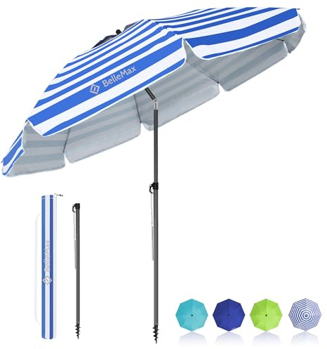 BelleMax Parasol de Plage Exterieur, avec ancre de sable 12 cm & Sac de Parasol, Inclinable sur 30°, Hauteur réglable, pour Balcon, Plage, Terrasse, Protection Solaire UV50 +