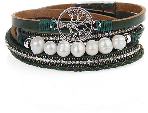 Cheerlife Damen Wickelarmband mit Perlen Strass Flechtelement Lebensbaum Anhänger Magnetverschluss Armband (Grün)