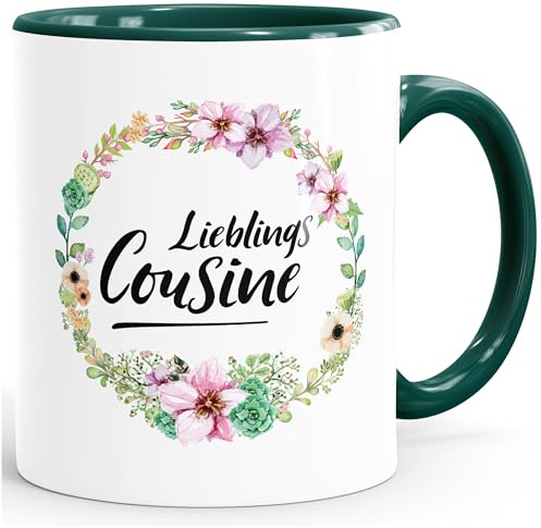 MoonWorks Kaffee-Tasse Geschenktasse Geschenk für Cousine Lieblingscousine Blumen Bordüre Blumenranke Blüten Familie Gruen unisize