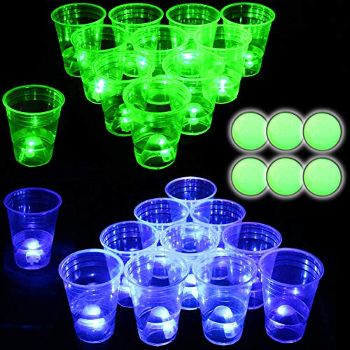 Glow in The Dark Beer Pong Set-Light up Beer Pong Cups for Indoor Outdoor Nighttime Competitive Fun,22 Glowing Cups(11 Green &11 Blue), 6 Glowing Balls- Party Game