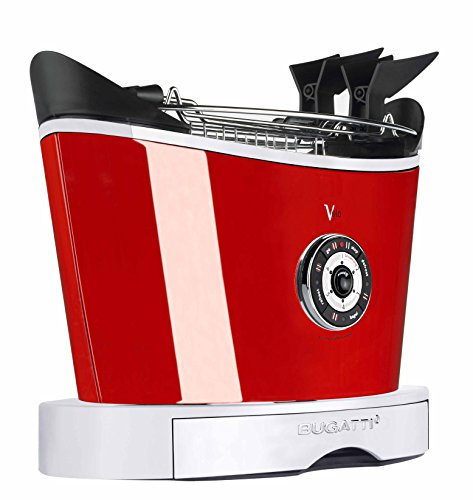 BUGATTI, Volo, Tostapane Elettronico con pinze, 4 Funzioni, 6 Livelli di Tostatura, Design innovativo, Corpo in Acciaio Inox, Potenza 930 W (Rosso)