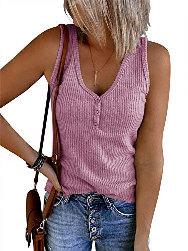 Saodimallsu Damen Tops Ärmellose V-Ausschnitt Casual Tank Tops Lockerer Knopfverschluss Henley Shirt Lila L