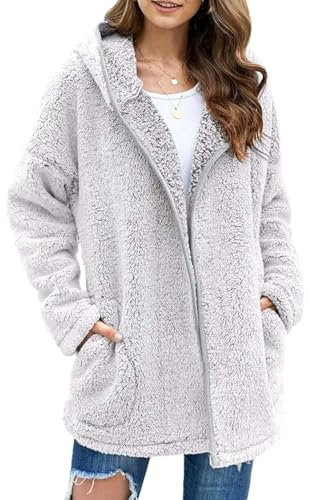 Les umes Damen-Fleece-Kapuzenmantel mit Reißverschluss, weicher Kapuzen-Cardigan, flauschiger Winterjackenmantel mit Tasche Grau L